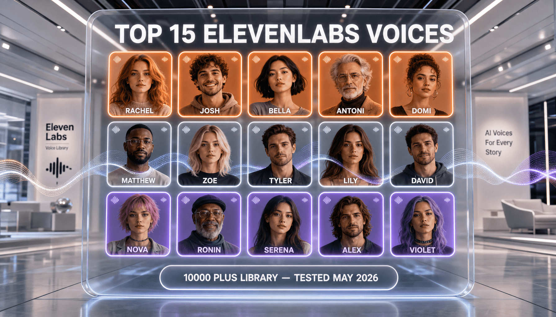 Best ElevenLabs Voices 2026: Voice Library Deep Dive (Top 15 Across Narrator, Podcast, Ad, Character, Multilingual)
