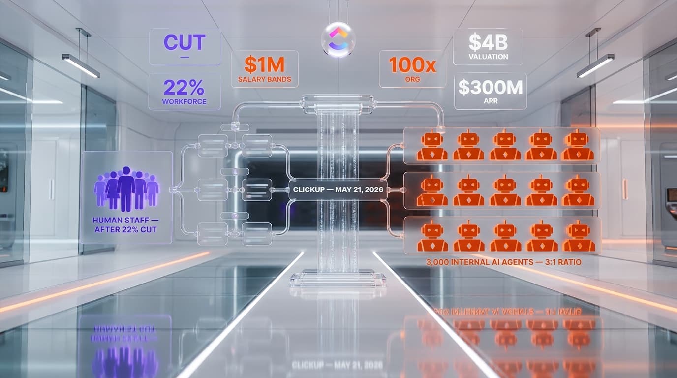 ClickUp's 100x Org Bet: 22% Cut, 3,000 AI Agents, and Million-Dollar Bands For The Humans Who Stay